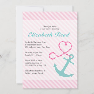 Nautical Girl Baby Shower Anchor w/ Heart Rope Invitation