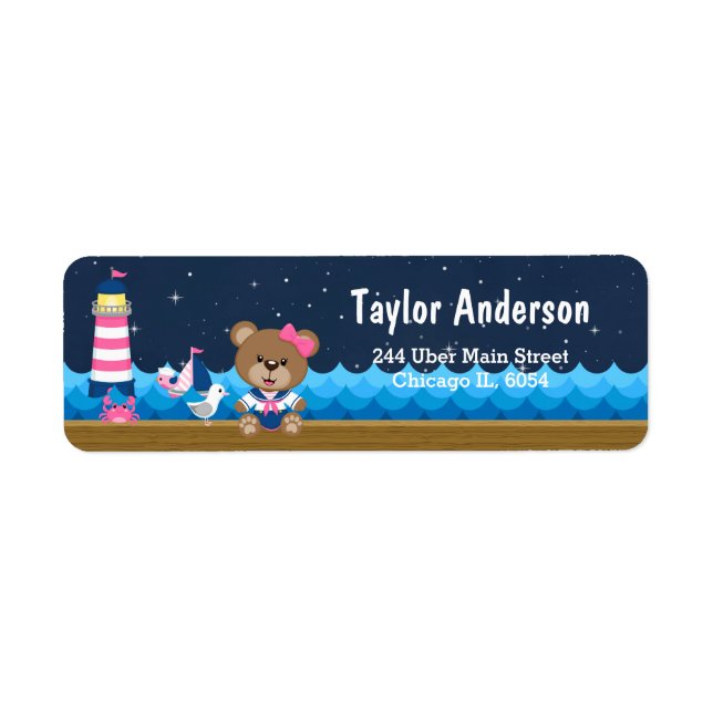 Nautical Girl Bear Pink and Navy (Front)