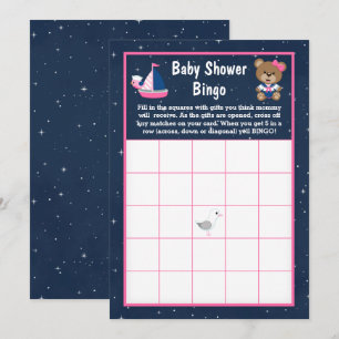 Nautical Girl Bear Pink and Navy Baby Bingo Invitation