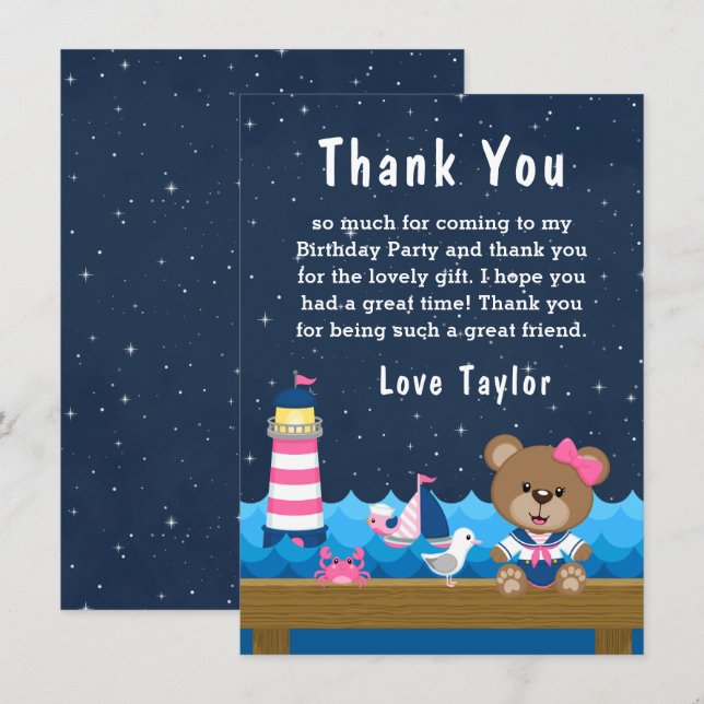 Nautical Girl Bear Pink and Navy Birthday Party Thank You Card (Front/Back)