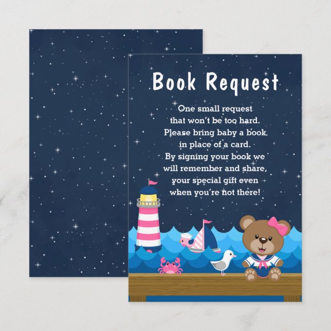 Nautical Girl Bear Pink and Navy Book Request Enclosure Card (Front/Back)
