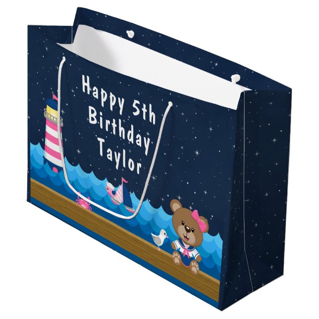 Nautical Girl Bear Pink and Navy Happy Birthday Large Gift Bag (Front Angled)