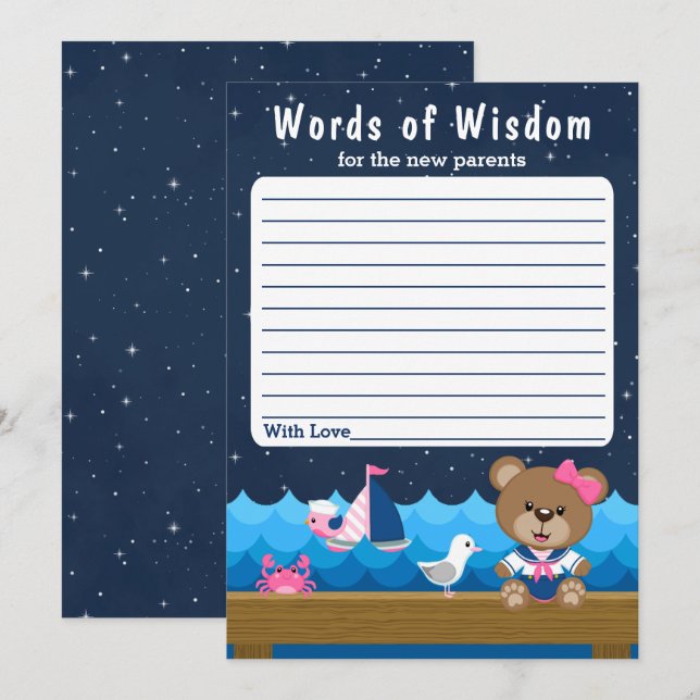 Nautical Girl Bear Pink and Navy Words of Wisdom Invitation (Front/Back)