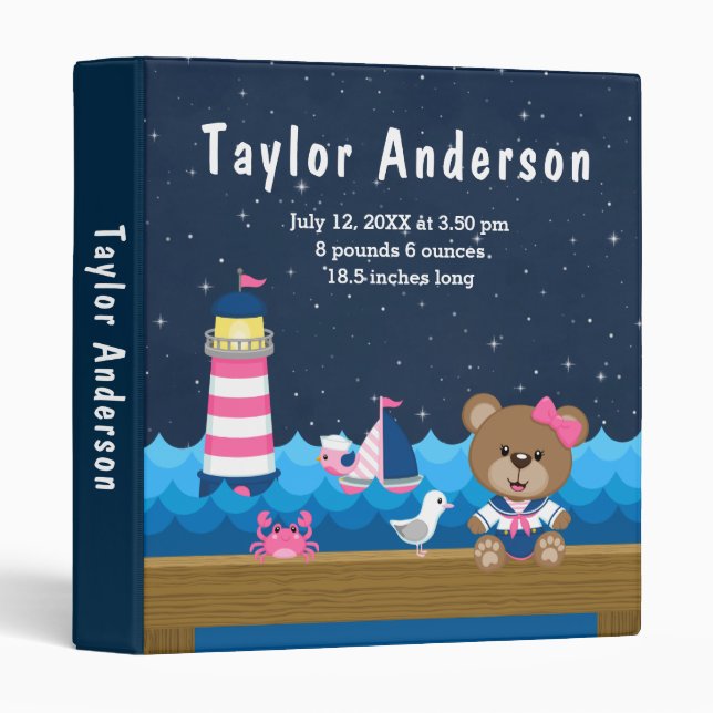 Nautical Girl Bear Pink Navy Birth Statistics Binder (Front/Spine)