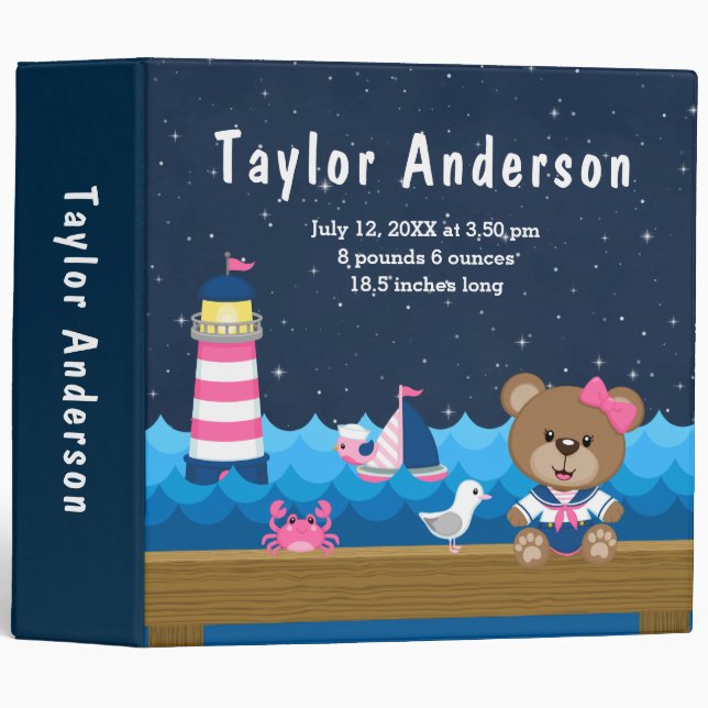 Nautical Girl Bear Pink Navy Birth Statistics Binder (Front/Spine)