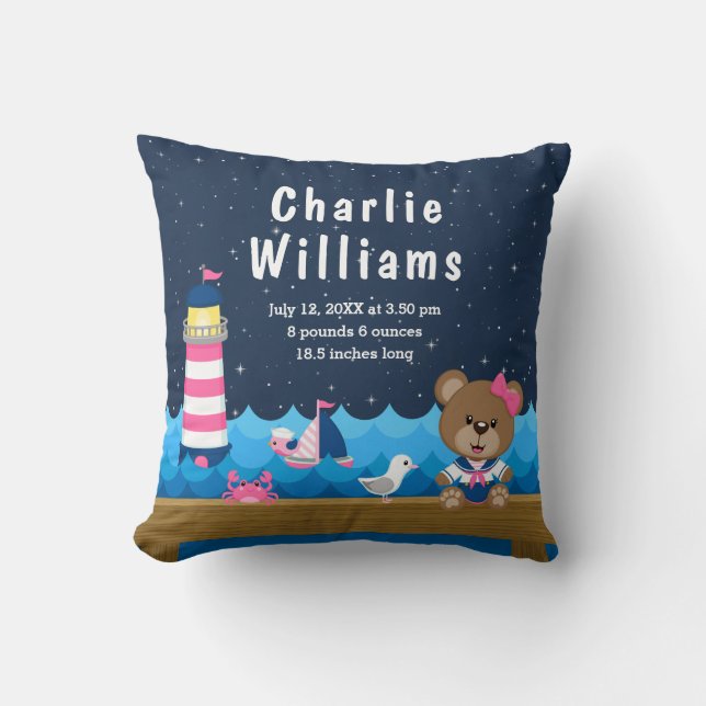 Nautical Girl Bear Pink Navy Birth Statistics Throw Pillow (Front)