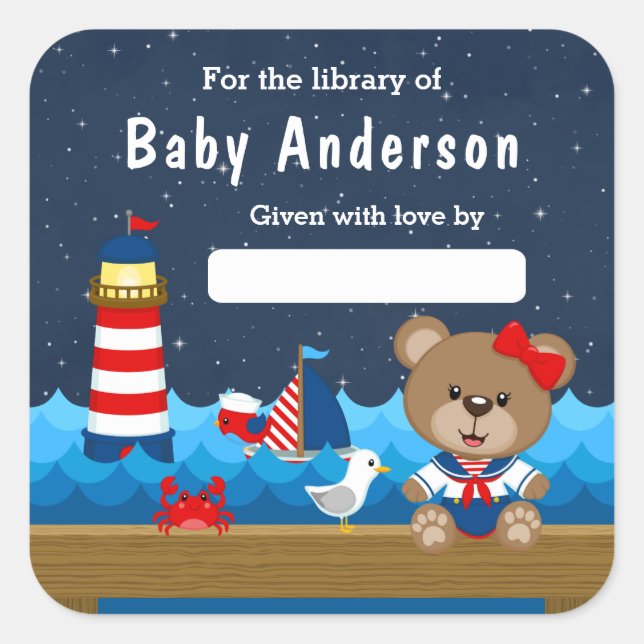 Nautical Girl Bear Red and Navy Baby Bookplate Square Sticker (Front)
