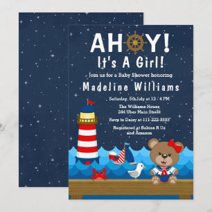 Nautical Girl Bear Red and Navy Baby Shower Invitation