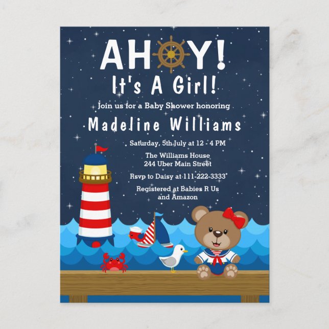 Nautical Girl Bear Red and Navy Baby Shower Postcard (Front)