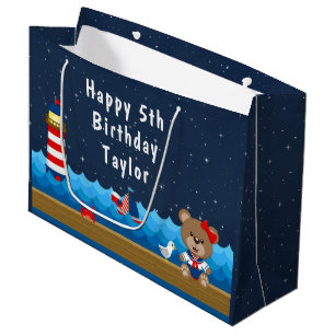 Nautical Girl Bear Red and Navy Happy Birthday Large Gift Bag