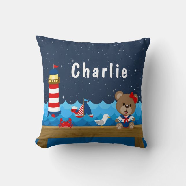 Nautical Girl Bear Red and Navy Throw Pillow (Front)