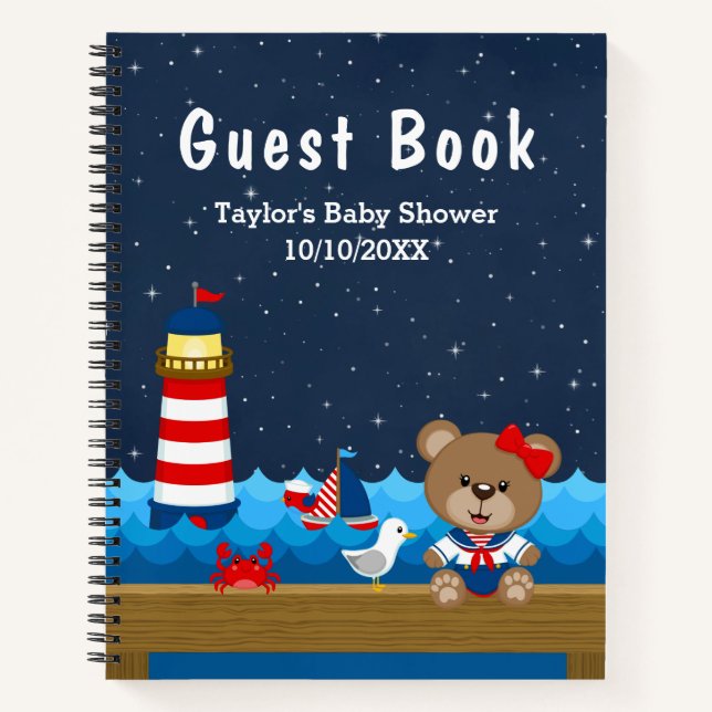 Nautical Girl Bear Red Baby shower Livre d'invité (Devant)