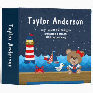Nautical Girl Bear Red Navy Birth Statistics Binder