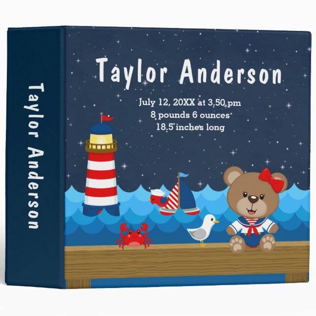 Nautical Girl Bear Red Navy Birth Statistics Binder (Front/Spine)