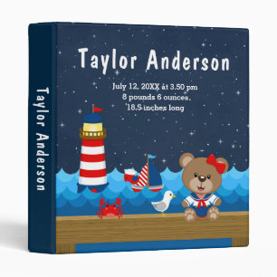 Nautical Girl Bear Red Navy Birth Statistics Binder