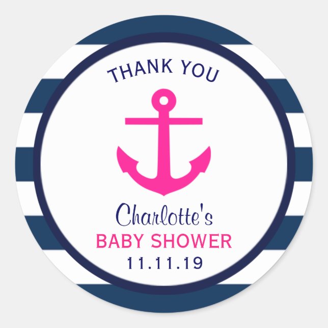 Nautical GIRL Hot Pink Navy Blue Baby Shower Favou Classic Round Sticker (Front)