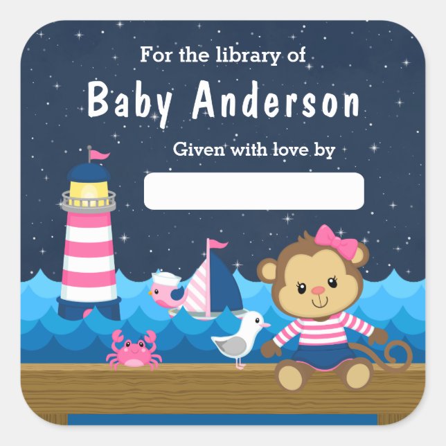 Nautical Girl Monkey Pink and Navy Baby Bookplate Square Sticker (Front)