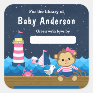 Nautical Girl Monkey Pink and Navy Baby Bookplate Square Sticker