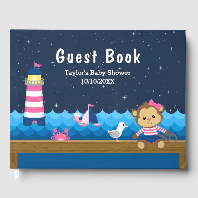 Nautical Girl Monkey Pink and Navy Baby Shower Guest Book (Front)