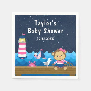 Nautical Girl Monkey Pink and Navy Baby Shower Napkin