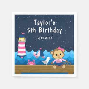 Nautical Girl Monkey Pink and Navy Birthday Party Napkin