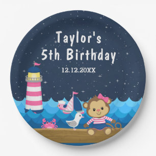 Nautical Girl Monkey Pink and Navy Birthday Party Paper Plate