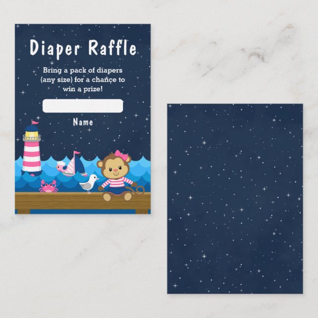 Nautical Girl Monkey Pink and Navy Diaper Raffle Enclosure Card (Front/Back)