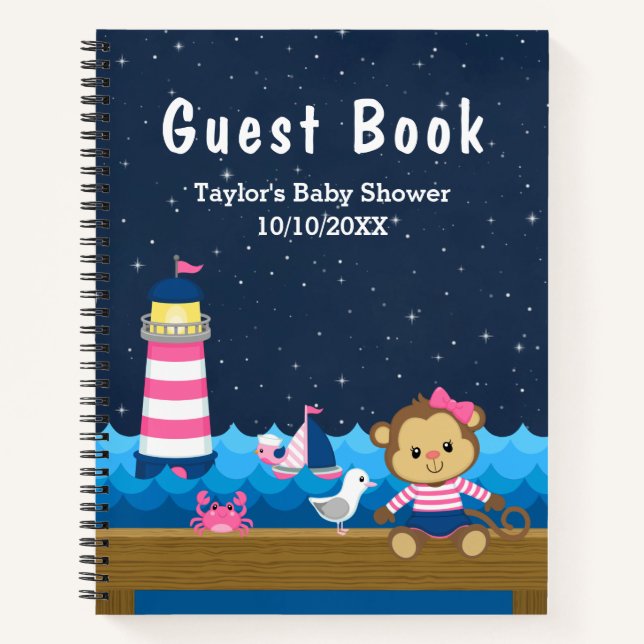 Nautical Girl Monkey Pink Baby Shower Guest Book (Front)