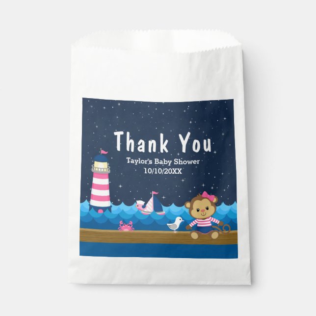 Nautical Girl Monkey Pink Baby Shower Thank You Favour Bag (Front)