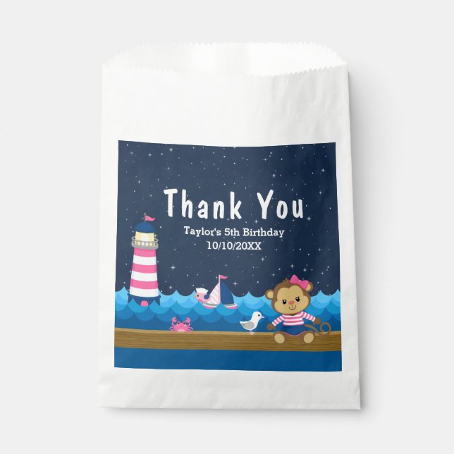 Nautical Girl Monkey Pink Birthday Party Thank You Favour Bag (Front)