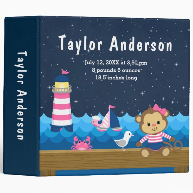 Nautical Girl Monkey Pink Navy Birth Statistics Binder (Front/Spine)
