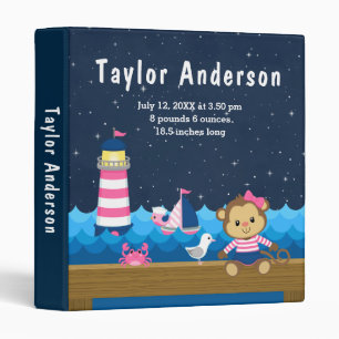 Nautical Girl Monkey Pink Navy Birth Statistics Binder