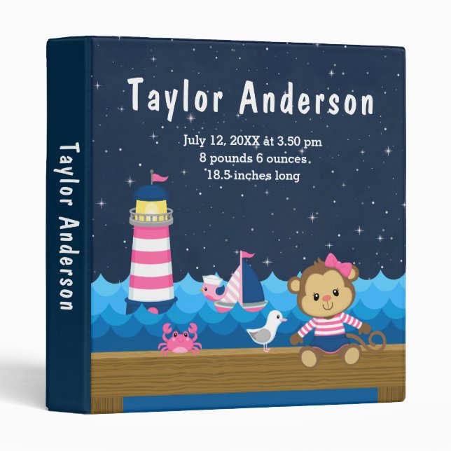 Nautical Girl Monkey Pink Navy Birth Statistics Binder (Front/Spine)