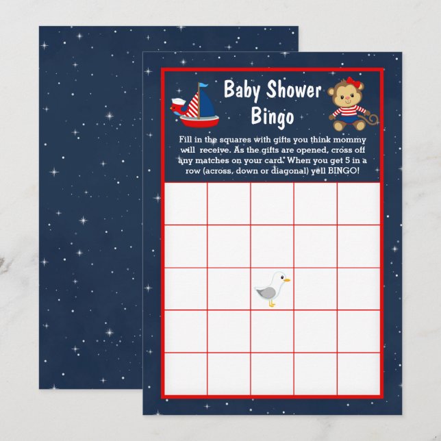 Nautical Girl Monkey Red and Navy Baby Bingo Invitation (Front/Back)