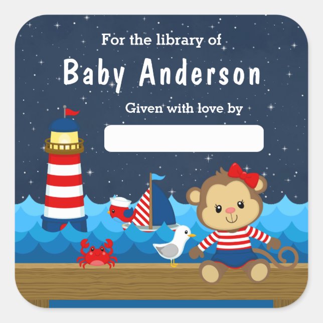 Nautical Girl Monkey Red and Navy Baby Bookplate Square Sticker (Front)
