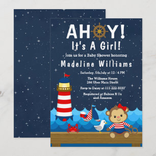 Nautical Girl Monkey Red and Navy Baby Shower Invitation