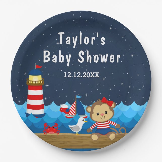 Nautical Girl Monkey Red and Navy Baby Shower Paper Plate (Front)