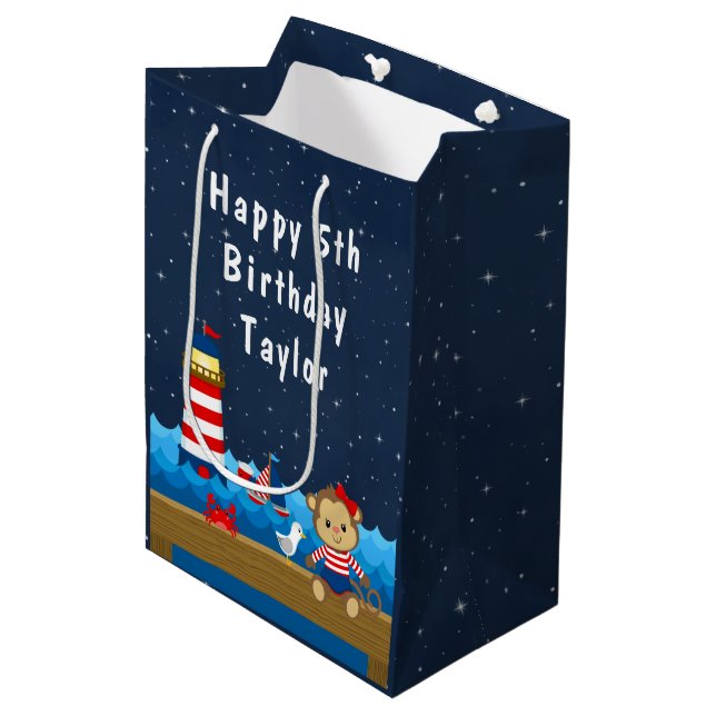 Nautical Girl Monkey Red and Navy Happy Birthday Medium Gift Bag (Front Angled)