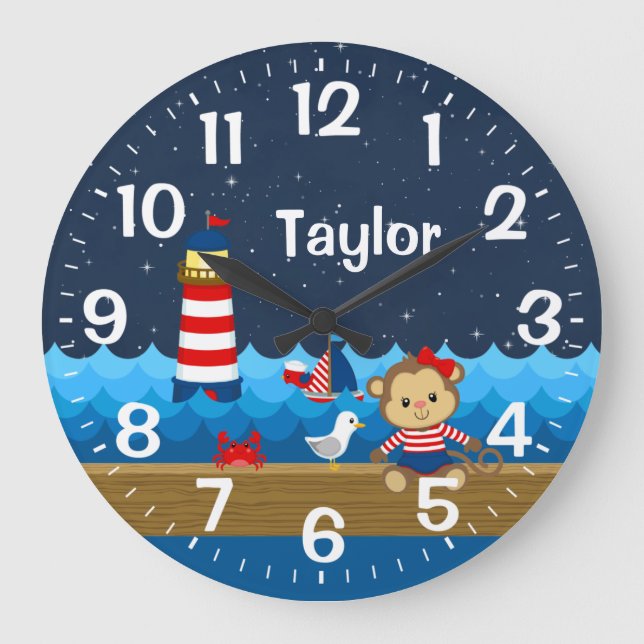 Nautical Girl Monkey Red and Navy Large Clock (Front)