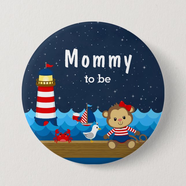 Nautical Girl Monkey Red and Navy Mommy To Be 3 Inch Round Button (Front)