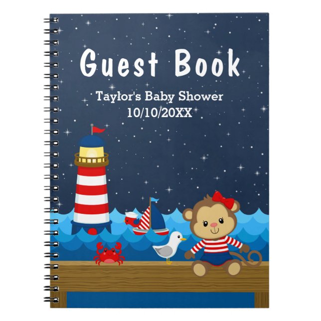 Nautical Girl Monkey Red Baby Shower Guest Book (Front)