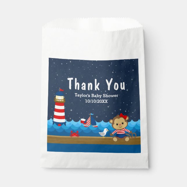 Nautical Girl Monkey Red Baby Shower Thank You Favour Bag (Front)