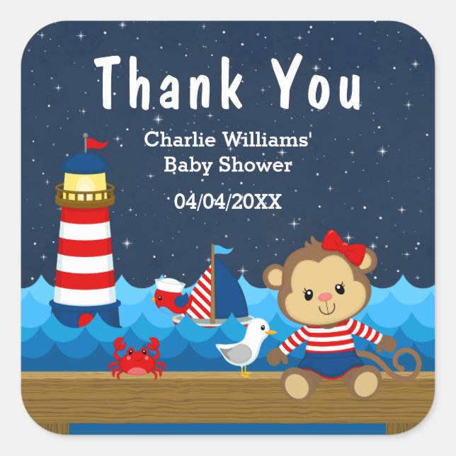 Nautical Girl Monkey Red Baby Shower Thank You Square Sticker (Front)