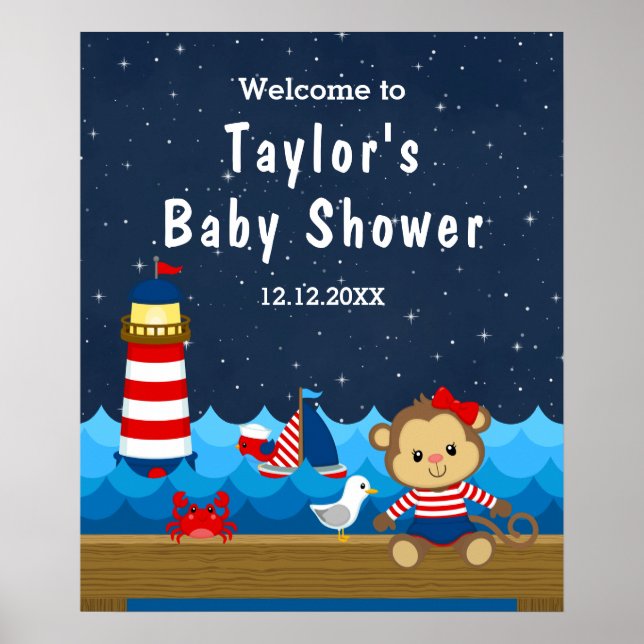 Nautical Girl Monkey Red Navy Baby Shower Welcome Poster (Front)