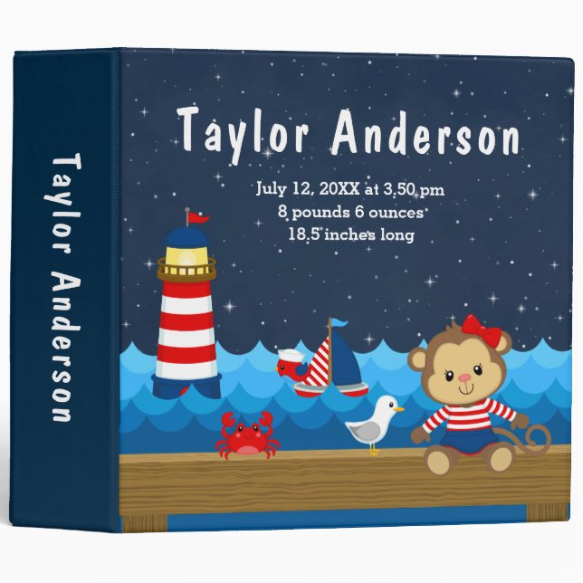Nautical Girl Monkey Red Navy Birth Statistics Binder (Front/Spine)