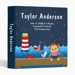Nautical Girl Monkey Red Navy Birth Statistics Binder