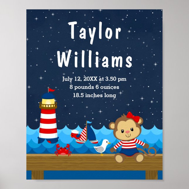 Nautical Girl Monkey Red Navy Birth Statistics Poster (Front)