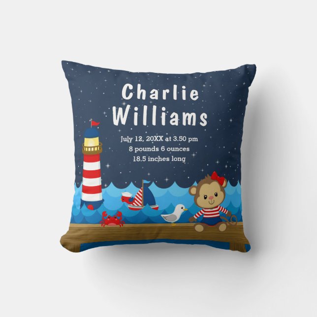 Nautical Girl Monkey Red Navy Birth Statistics Throw Pillow (Front)
