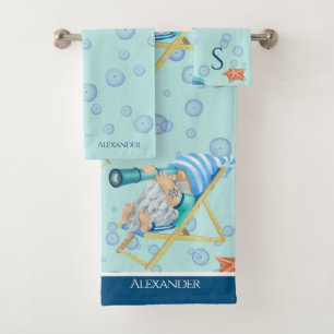 Nautical Gnome Monogram Name Teal Blue White Bath Towel Set