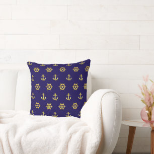 Nautical gold anchor and boat/ship wheel/navy blue throw pillow